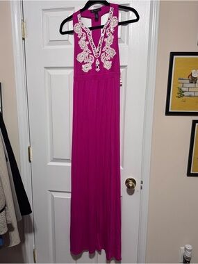 INC International Concepts Fuchsia Maxi Dress with Cream Embroidery